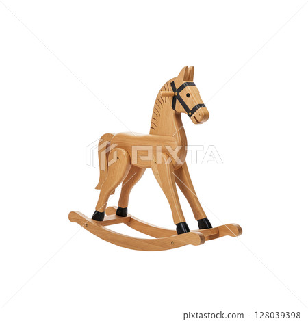 Timeless classic wooden rocking horse with elegant black bridle, a charming children's toy 128039398