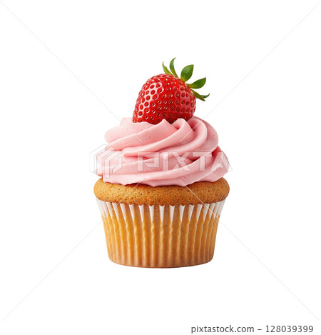 Delicious vanilla cupcake topped with pink frosting and a fresh red strawberry 128039399