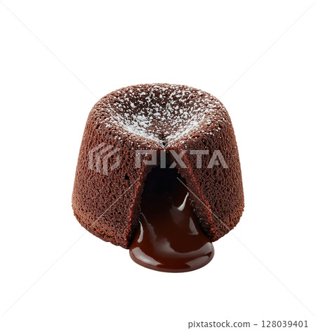 Decadent warm chocolate lava cake with molten center and powdered sugar topping 128039401