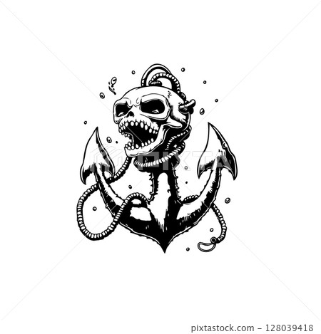 Skull and Anchor: Black and White Illustration of Nautical Tattoo Design Concept Skull and Anchor: Black and White Illustration of Nautical Tattoo Design Concept 128039418