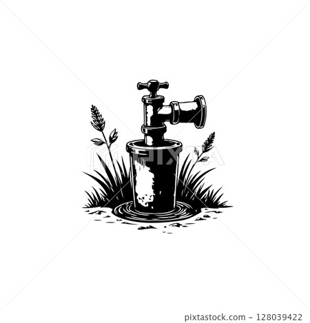 Illustration of a classic water tap amidst lush grass, symbolizing sustainability and conservation Illustration of a classic water tap amidst lush grass, symbolizing sustainability and conservation 128039422