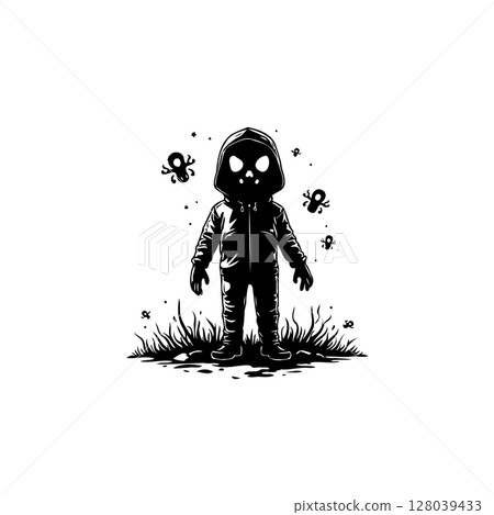 Monochromatic depiction of a hooded figure with a skull-like face in a surreal setting Monochromatic depiction of a hooded figure with a skull-like face in a surreal setting 128039433