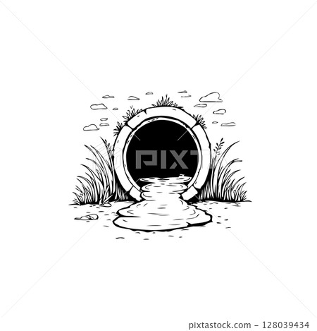 Doodle Drawing of Drainage Pipe with Water Flowing in Black and White Style 128039434