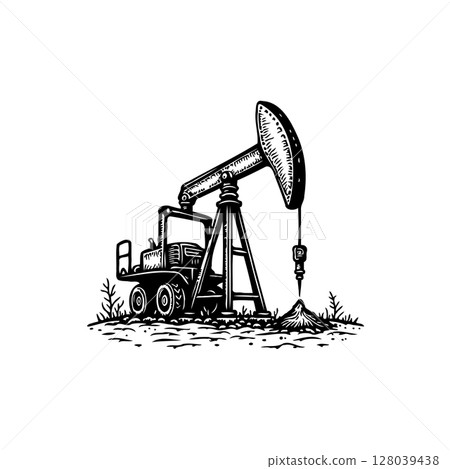 Illustration of an oil pump jack, an industrial machine extracting crude oil 128039438