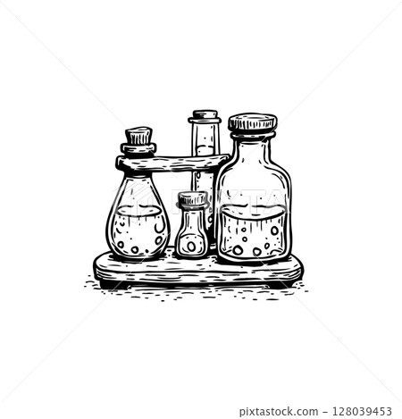 Vintage apothecary glassware set, hand-drawn with delicate details and unique shapes 128039453