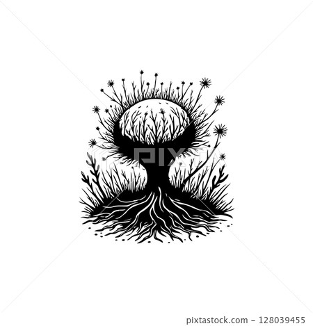Mystical tree silhouette with roots and floral aura illustration for art or design Mystical tree silhouette with roots and floral aura illustration for art or design 128039455