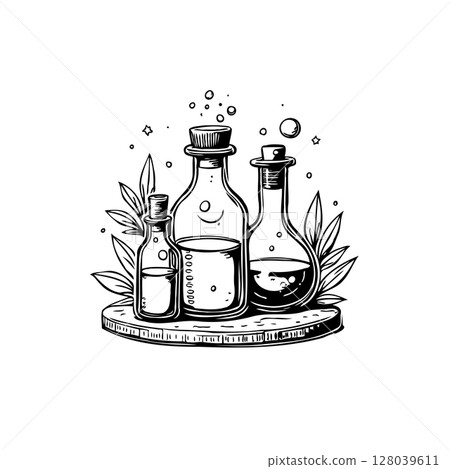 Elegant illustration of assorted glass bottles with liquid on wooden surface 128039611