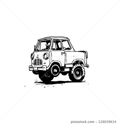 Retro off-road vehicle illustration with bold lines against a clean white backdrop Retro off-road vehicle illustration with bold lines against a clean white backdrop 128039614