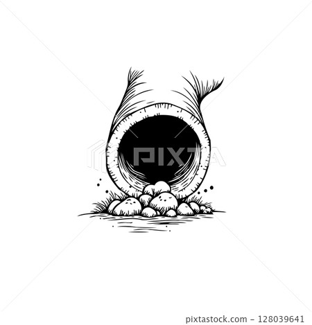 Monochrome depiction of a tunnel entrance filled with rocks and foliage detail Monochrome depiction of a tunnel entrance filled with rocks and foliage detail 128039641