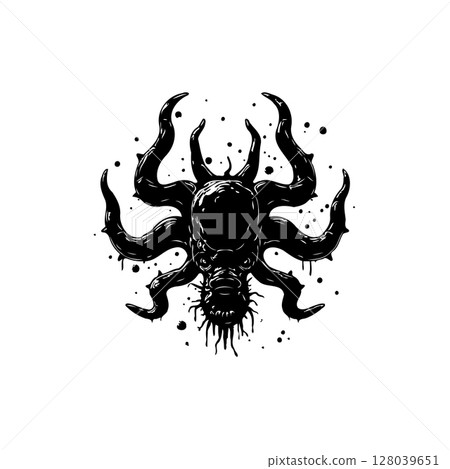 Creepy black and white octopus monster vector illustration with splatter effect 128039651