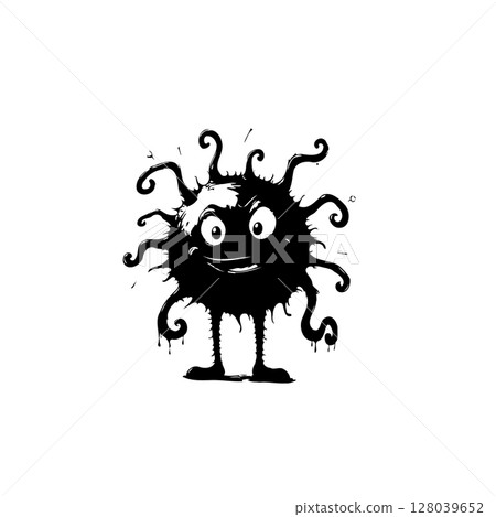 Whimsical Black and White Cartoon Character with Spiky Appendages and Googly Eyes 128039652