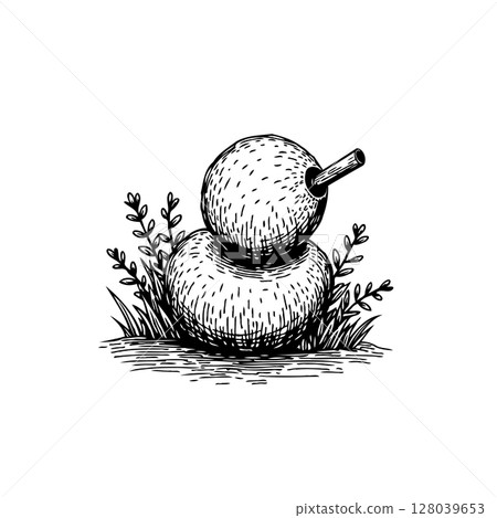 Hand-drawn illustration of a quirky snowman surrounded by foliage in monochrome 128039653