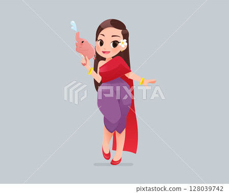 Smiling Thai woman in traditional dress celebrates Songkran with a water gun. 128039742