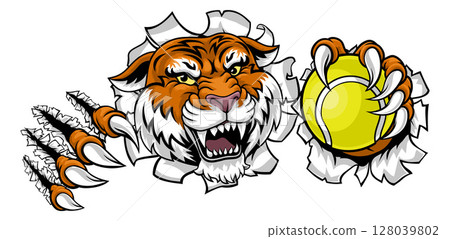 Tiger Tennis Ball Animal Sports Team Mascot Tiger Tennis Ball Animal Sports Team Mascot 128039802