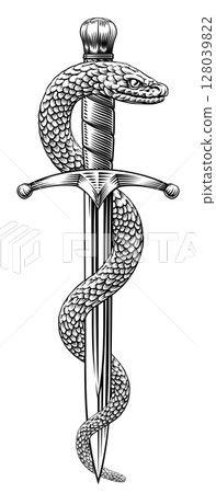 Dagger Knife Snake Vintage Woodcut Style 128039822