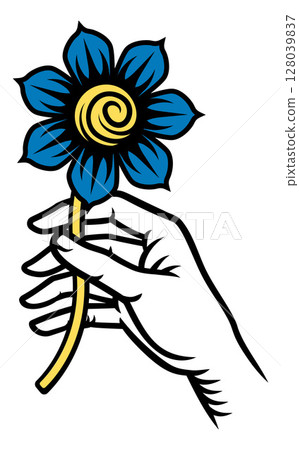 Hand Holding Flower Vintage Woodcut Tattoo Style 128039837