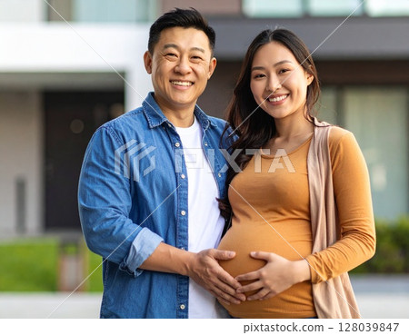 Young Asian pregnant woman and her husband smiling and posing in front of their new apartment 128039847