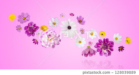 Colorful summer autumn background of flowers pink and white cosmos, dahlias, osteospermum and orange marigolds. Floral Greeting card. Happy Mother's Day greeting card, happy Easter, happy birthday Colorful summer autumn background of flowers pink and white cosmos, dahlias, osteospermum and orange marigolds. Floral Greeting card. Happy Mother's Day greeting card, happy Easter, happy birthday 128039889