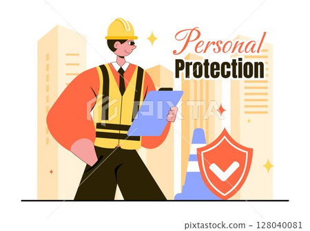 Personal Protection Vector Illustration Featuring Safety Equipment with a Construction Industrial Worker and Construction Tools in a Flat Background 128040081