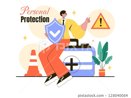 Personal Protection Vector Illustration Featuring Safety Equipment with a Construction Industrial Worker and Construction Tools in a Flat Background 128040084