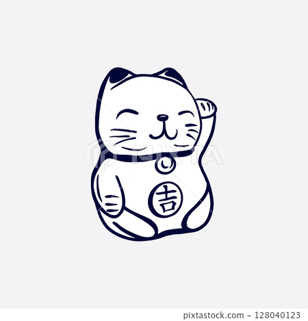 Japanese cat Maneki Neko. Traditional symbol of good luck. Hand drawn vector illustration of souvenir in graphic black and white style. For tourist postcards, invitations, banners, posters, booklets. Japanese cat Maneki Neko. Traditional symbol of good luck. Hand drawn vector illustration of souvenir in graphic black and white style. For tourist postcards, invitations, banners, posters, booklets. 128040123