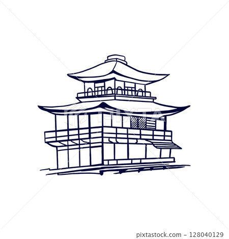 Japanese house. Silhouette of the building also in Chinese style. Hand drawn vector illustration. For travel postcards, invitations, banners, posters, booklets. 128040129
