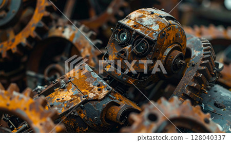 An Old Abandoned Rusty Robot Crushed by Many Rusty Gears - Generative Ai 128040337