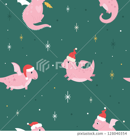 Cute Christmas Pattern with Dragons in Santa Hats on Green Background 128040354