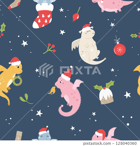 Cute Christmas Pattern with Dragons in Santa Hats on Blue Background Cute Christmas Pattern with Dragons in Santa Hats on Blue Background 128040360