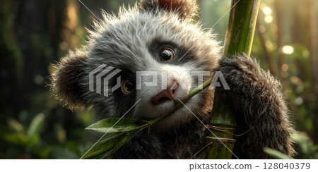 A Playful Panda Hanging on a Green Bamboo Stalk Chews a Bamboo Leaf - Generative Ai 128040379