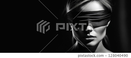 Black and White Striking Portrait of a Woman Face Partially Covered by a Blindfold - Generative Ai Black and White Striking Portrait of a Woman Face Partially Covered by a Blindfold - Generative Ai 128040490