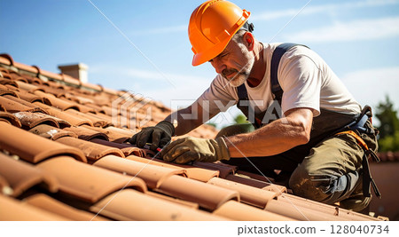 Close-up of a Bricklayer Repairing the Broken Tiles of an Old Roof - Generative Ai 128040734