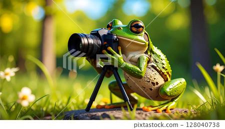 Close-up of a Cute Green Frog Taking a Photo With a Camera - Generative Ai 128040738