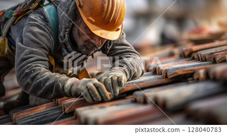 Close-up of a Manual Worker Fixing Roof Tiles on the Top of a House - Generative Ai 128040783
