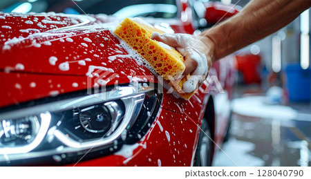 Close-Up of a Hand Washing a Red Car With Sponge And Detergent on Car Wash - Generative Ai Close-Up of a Hand Washing a Red Car With Sponge And Detergent on Car Wash - Generative Ai 128040790