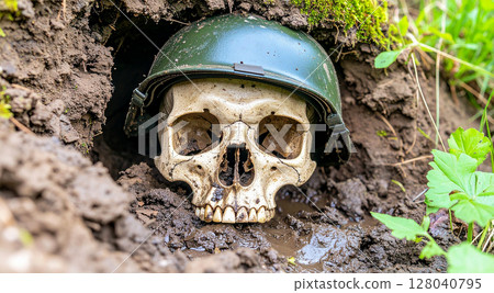 Close-up of a Human Skull with Army Helmet in a Muddy Trench - Generative Ai 128040795