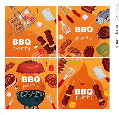 BBQ Party Square Food Illustrations Set BBQ Party Square Food Illustrations Set 128040799