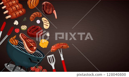 BBQ Grill Background with Meat and Tools BBQ Grill Background with Meat and Tools 128040800