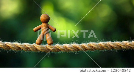 Close-up of a Wooden Figurine Balancing on a Rope on a Blurred Green Background - Generative Ai 128040842
