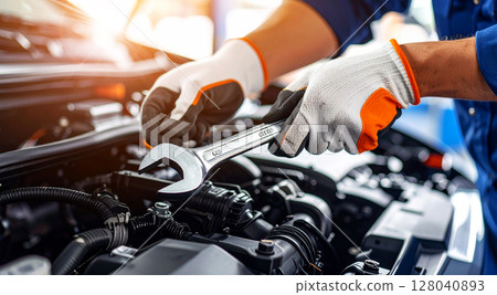 Close-up of the Gloved Hand of Auto Mechanic Holding a Wrench - Generative Ai 128040893