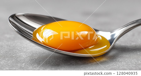 Closeup of a Raw Egg Yolk on Shiny Spoon on Soft Gray Background - Generative Ai 128040935