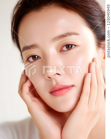 Beautiful close-up portrait of a glowing skinned Asian, Japanese woman, white background 128040949