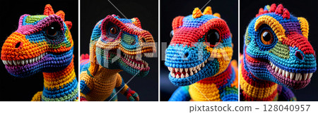 Closeup of a Cute Knitted Tyrannosaurus Rex Dinosaur Toy on Black Background - Generative Ai 128040957
