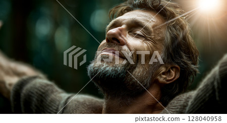 Closeup of a Happy Mature Man with Open Arms Enjoying Life in a Green Forest - Generative Ai Closeup of a Happy Mature Man with Open Arms Enjoying Life in a Green Forest - Generative Ai 128040958