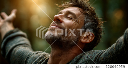 Closeup of a Happy Mature Man with Open Arms Enjoying Life in a Green Forest - Generative Ai 128040959