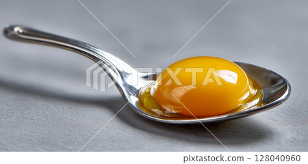 Closeup of a Raw Egg Yolk on Shiny Spoon on Soft Gray Background - Generative Ai 128040960