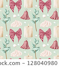 Seamless pattern of vintage pastel bow, bell, candle, eucalyptus, cream. Romantic beautiful digital illustration, repeating background. Natural decoration, invitations design, date, greeting card 128040980