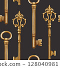 Seamless pattern with gold carved keys decorated with monograms. Retro style, royal atmosphere. Vintage decorations for doors and locks, Gothic, Victorian and classical styles 128040981