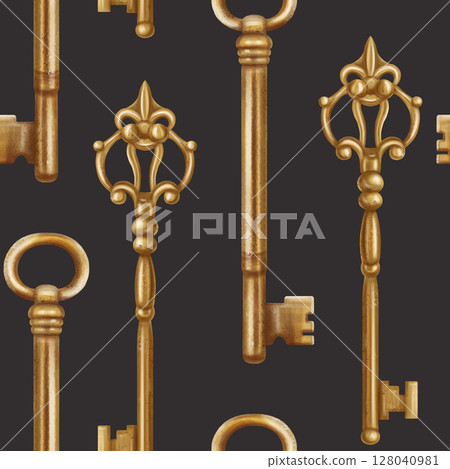 Seamless pattern with gold carved keys decorated with monograms. Retro style, royal atmosphere. Vintage decorations for doors and locks, Gothic, Victorian and classical styles 128040981
