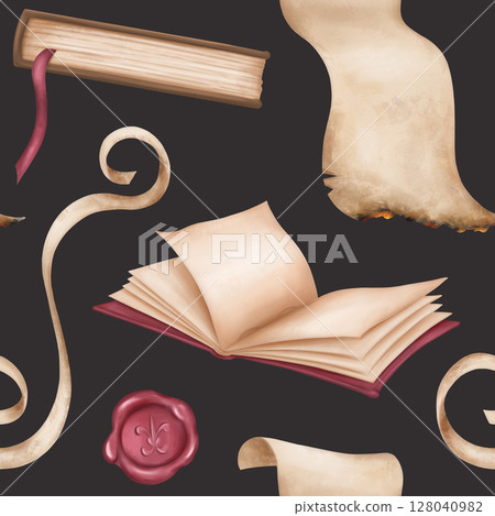 Seamless pattern with hardcover books, parchments, wax seals. An open empty diary, a notebook. Old schools, education, Victorian style, information and teaching, manuscripts and letters 128040982
